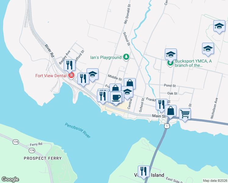map of restaurants, bars, coffee shops, grocery stores, and more near 23 Mechanic Street in Bucksport