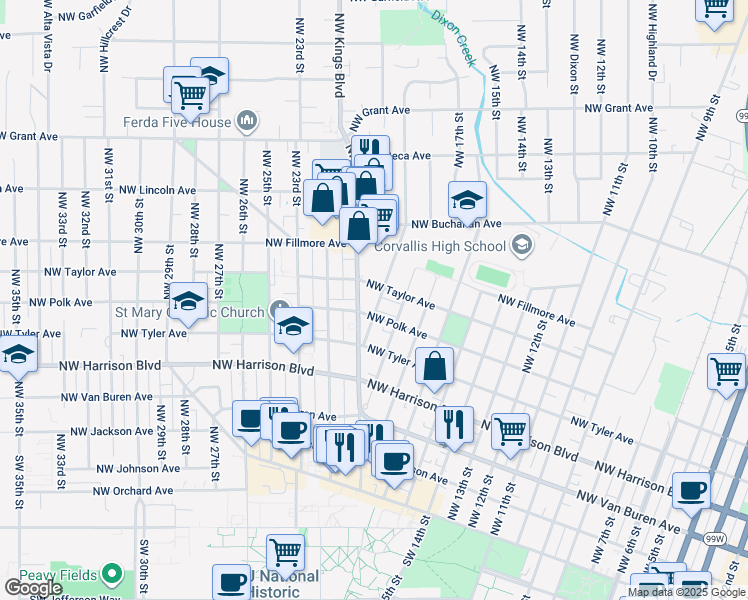 map of restaurants, bars, coffee shops, grocery stores, and more near 634 Northwest 19th Street in Corvallis