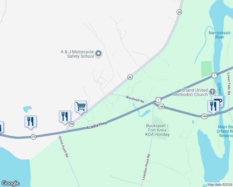 map of restaurants, bars, coffee shops, grocery stores, and more near 101 Duck Cove Road in Orland