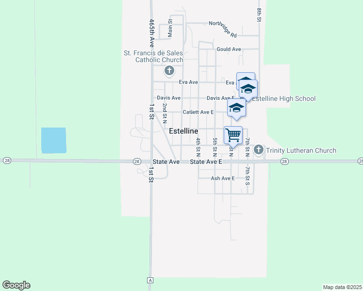 map of restaurants, bars, coffee shops, grocery stores, and more near 212 North Main Street in Estelline