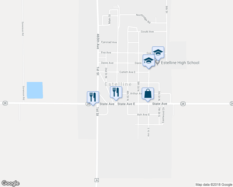 map of restaurants, bars, coffee shops, grocery stores, and more near 212 North Main Street in Estelline