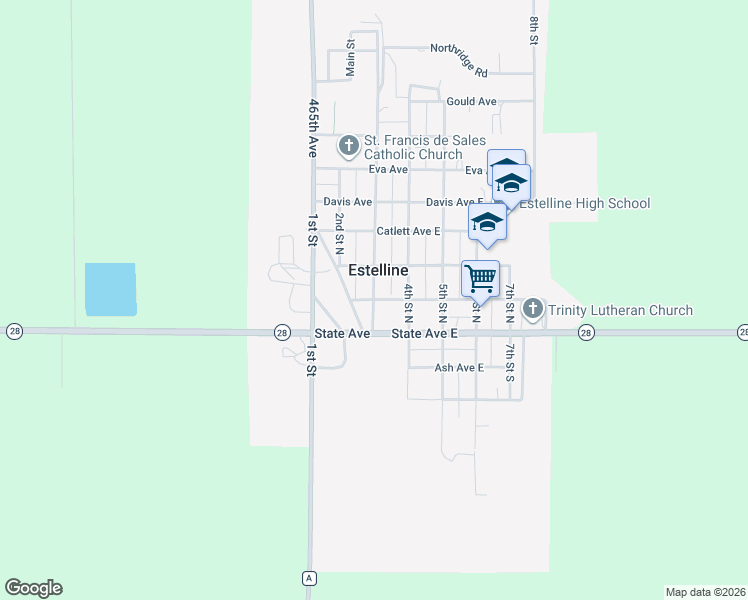 map of restaurants, bars, coffee shops, grocery stores, and more near 300 Arthur Avenue East in Estelline