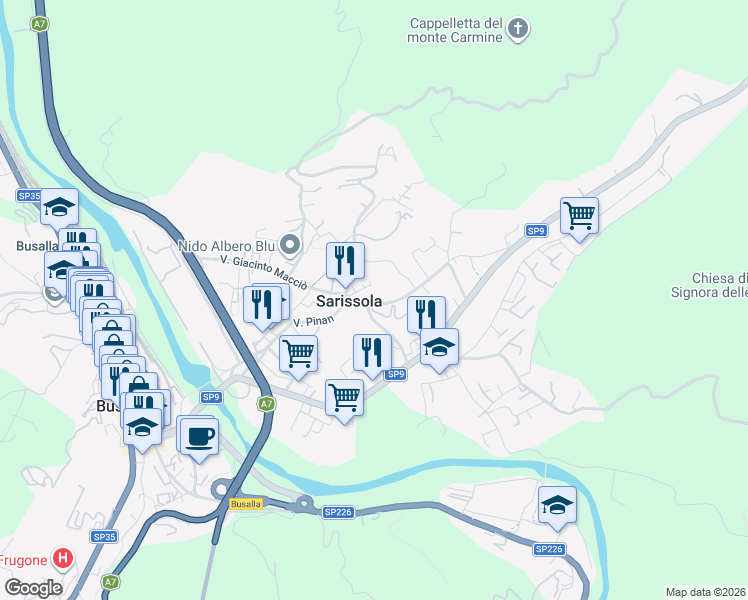 map of restaurants, bars, coffee shops, grocery stores, and more near Via Pinan in Busalla
