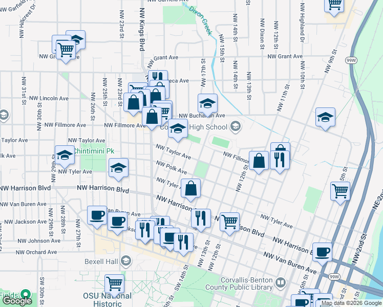 map of restaurants, bars, coffee shops, grocery stores, and more near 711 Northwest 17th Street in Corvallis