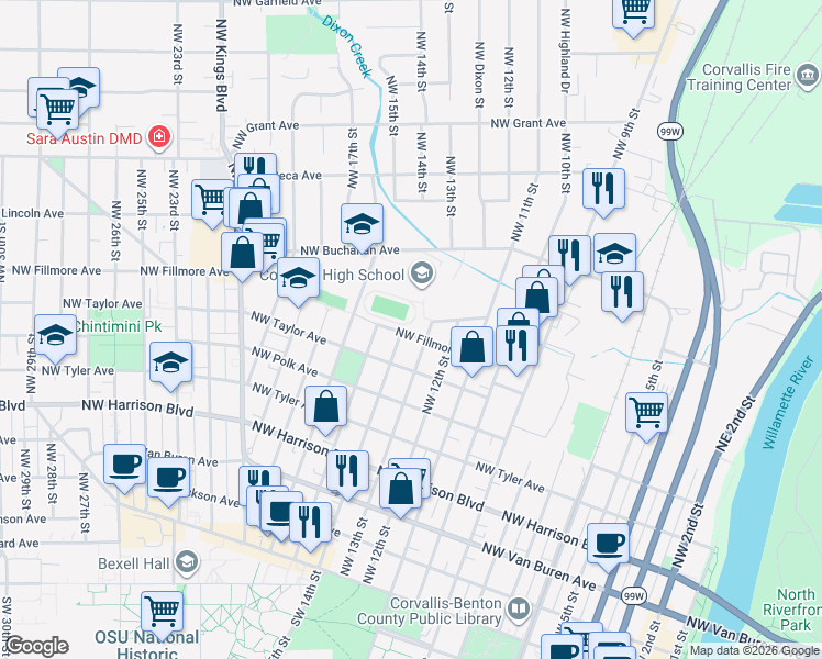 map of restaurants, bars, coffee shops, grocery stores, and more near 1361 Northwest Fillmore Avenue in Corvallis