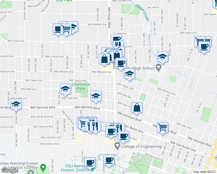 map of restaurants, bars, coffee shops, grocery stores, and more near 617 Northwest 21st Street in Corvallis