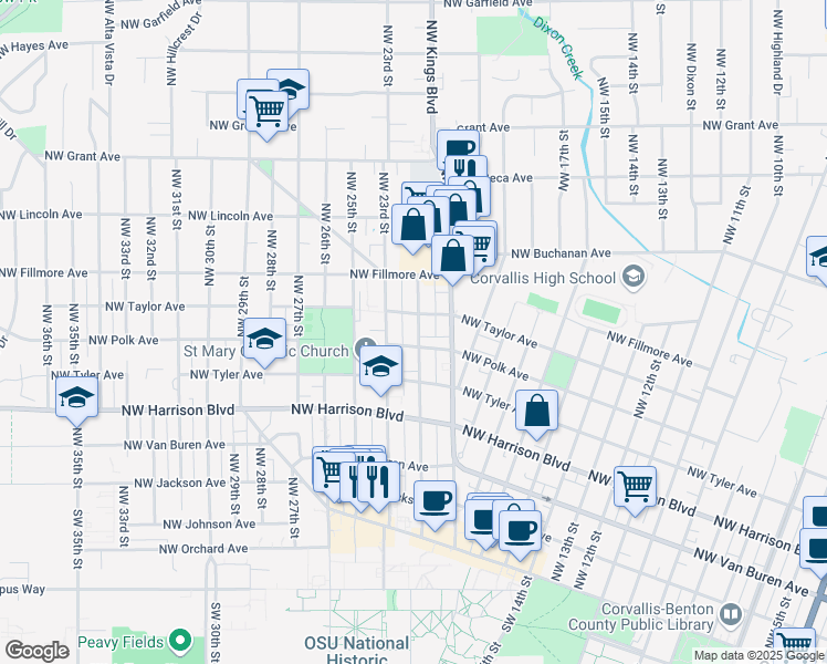 map of restaurants, bars, coffee shops, grocery stores, and more near 617 Northwest 21st Street in Corvallis