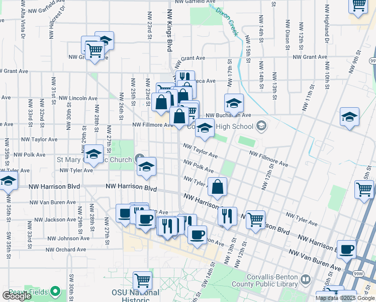 map of restaurants, bars, coffee shops, grocery stores, and more near 634 Northwest 19th Street in Corvallis