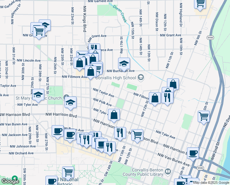 map of restaurants, bars, coffee shops, grocery stores, and more near 721 Northwest 17th Street in Corvallis