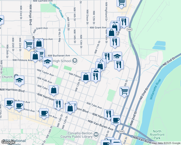 map of restaurants, bars, coffee shops, grocery stores, and more near 907 Northwest 11th Street in Corvallis