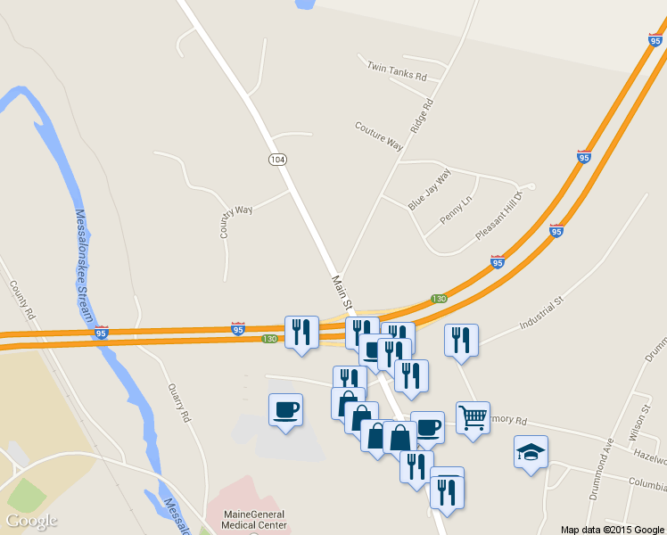 map of restaurants, bars, coffee shops, grocery stores, and more near 399 Main Street in Waterville