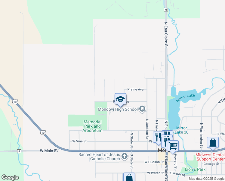 map of restaurants, bars, coffee shops, grocery stores, and more near 595 Eisenhower Street in Mondovi