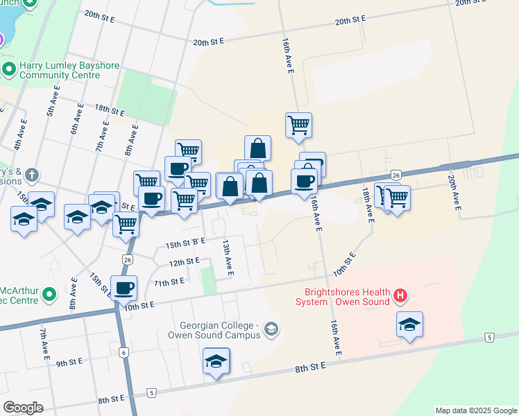 map of restaurants, bars, coffee shops, grocery stores, and more near 1341 16th Street East in Owen Sound