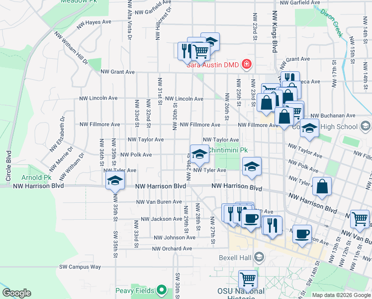 map of restaurants, bars, coffee shops, grocery stores, and more near 612 Northwest 29th Street in Corvallis