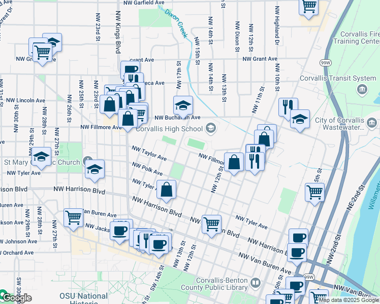 map of restaurants, bars, coffee shops, grocery stores, and more near Northwest 15th Street in Corvallis