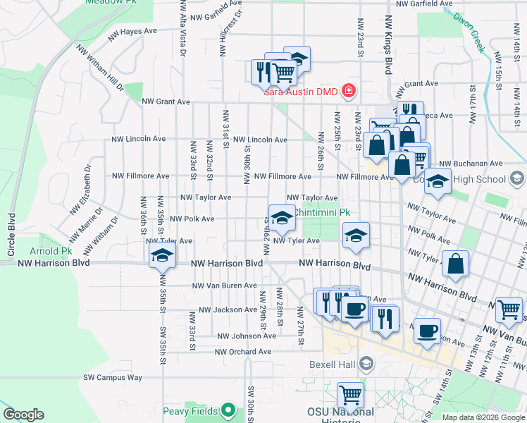 map of restaurants, bars, coffee shops, grocery stores, and more near 612 Northwest 29th Street in Corvallis