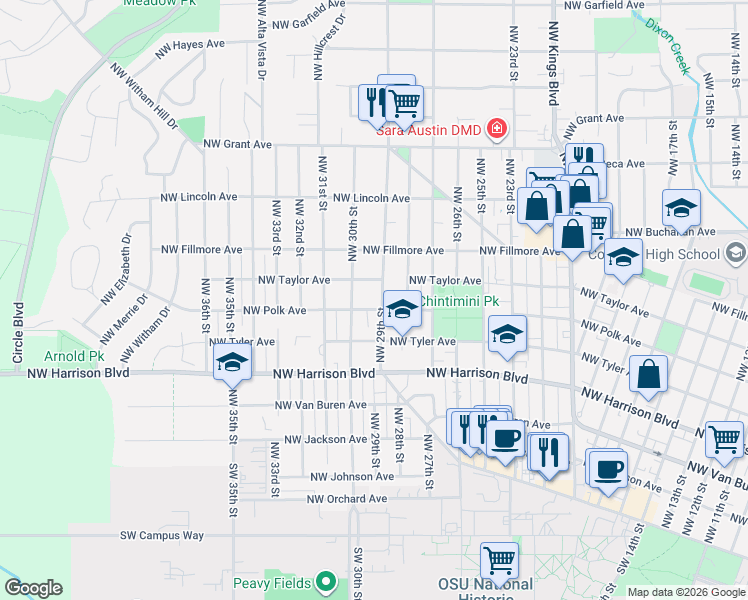 map of restaurants, bars, coffee shops, grocery stores, and more near 612 Northwest 29th Street in Corvallis