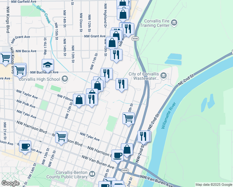 map of restaurants, bars, coffee shops, grocery stores, and more near 806 NW Buchanan Ave in Corvallis