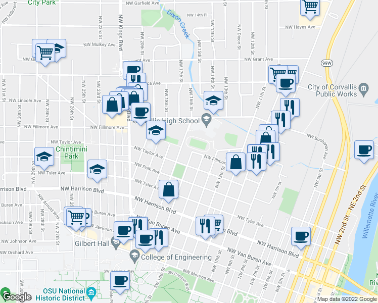 map of restaurants, bars, coffee shops, grocery stores, and more near 746 Northwest 15th Street in Corvallis