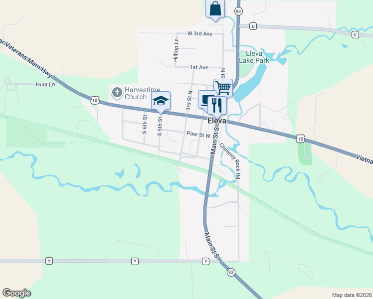 map of restaurants, bars, coffee shops, grocery stores, and more near 50482 3rd Street South in Eleva