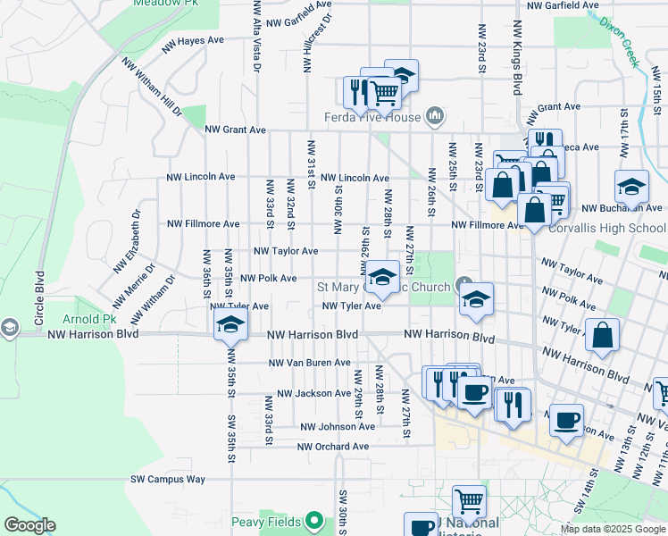 map of restaurants, bars, coffee shops, grocery stores, and more near 600 Northwest 30th Street in Corvallis