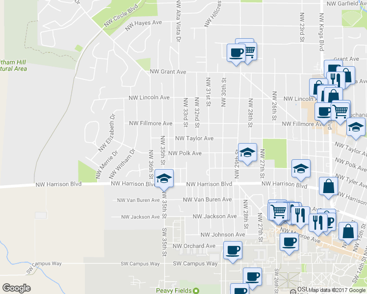 map of restaurants, bars, coffee shops, grocery stores, and more near 618 Northwest 33rd Street in Corvallis