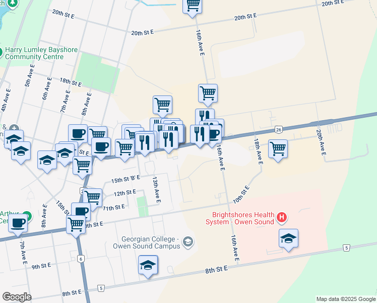 map of restaurants, bars, coffee shops, grocery stores, and more near 1341 16th Street East in Owen Sound
