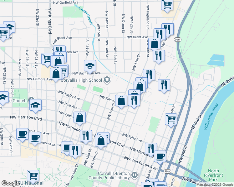 map of restaurants, bars, coffee shops, grocery stores, and more near 828 Northwest 12th Street in Corvallis