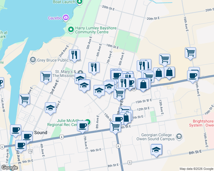 map of restaurants, bars, coffee shops, grocery stores, and more near 735 16th Street East in Owen Sound