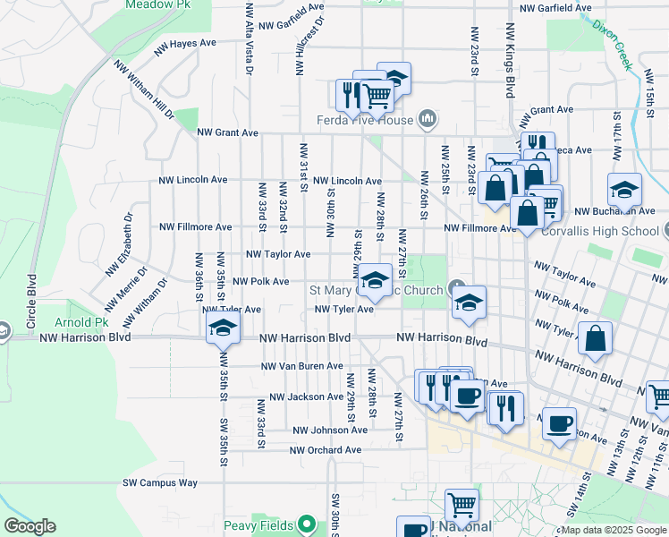 map of restaurants, bars, coffee shops, grocery stores, and more near 600 Northwest 30th Street in Corvallis