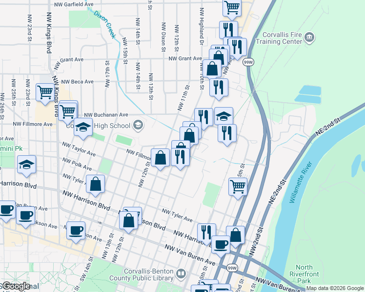 map of restaurants, bars, coffee shops, grocery stores, and more near 919 Northwest 10th Street in Corvallis