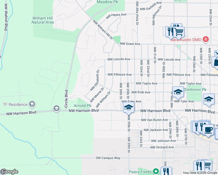 map of restaurants, bars, coffee shops, grocery stores, and more near 3725 Northwest Polk Avenue in Corvallis