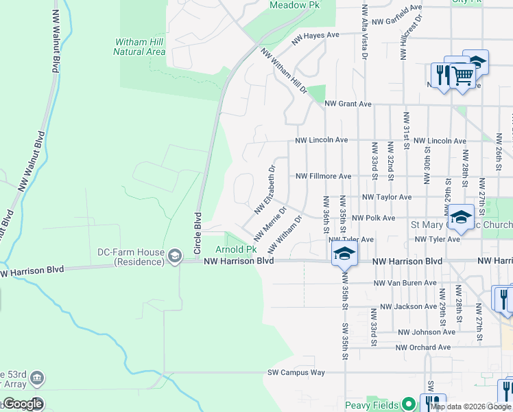 map of restaurants, bars, coffee shops, grocery stores, and more near 520 Northwest Elizabeth Drive in Corvallis