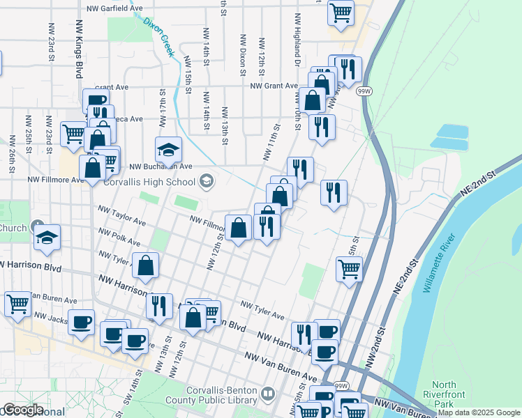 map of restaurants, bars, coffee shops, grocery stores, and more near 907 Northwest 11th Street in Corvallis