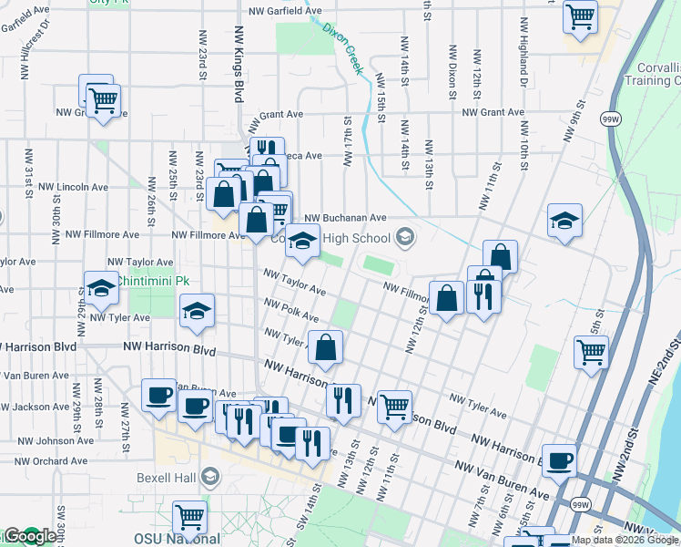 map of restaurants, bars, coffee shops, grocery stores, and more near 721 Northwest 17th Street in Corvallis