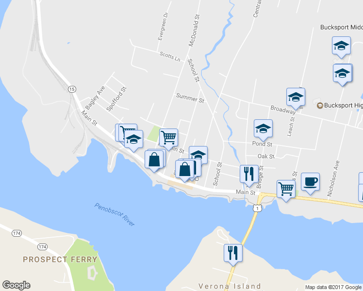 map of restaurants, bars, coffee shops, grocery stores, and more near 36 Elm Street in Bucksport