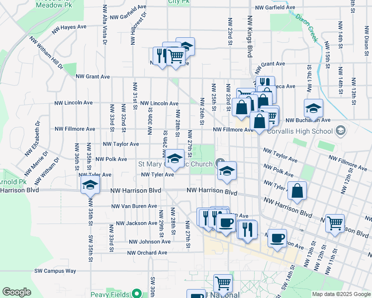 map of restaurants, bars, coffee shops, grocery stores, and more near 530 Northwest 27th Street in Corvallis