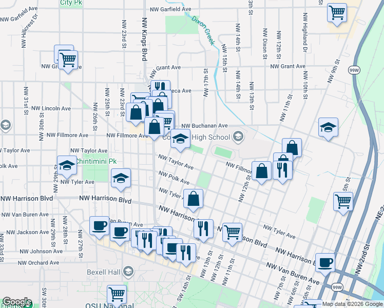 map of restaurants, bars, coffee shops, grocery stores, and more near 721 Northwest 17th Street in Corvallis