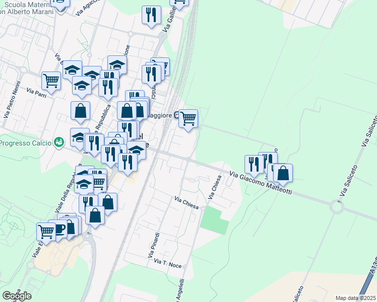 map of restaurants, bars, coffee shops, grocery stores, and more near 1 Piazza Lorusso in Castel Maggiore