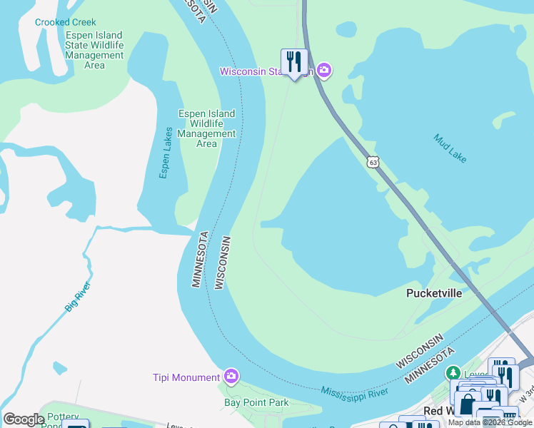 map of restaurants, bars, coffee shops, grocery stores, and more near N929 825th Street in Hager City