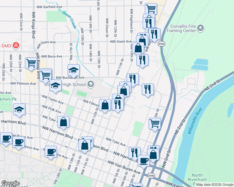 map of restaurants, bars, coffee shops, grocery stores, and more near 946 Northwest 10th Street in Corvallis