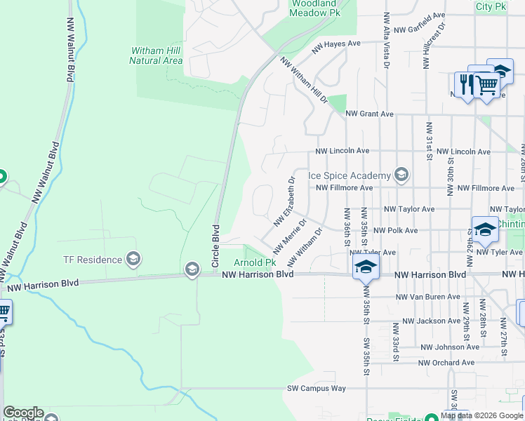 map of restaurants, bars, coffee shops, grocery stores, and more near 520 Northwest Elizabeth Drive in Corvallis