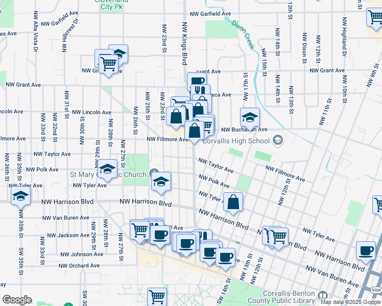 map of restaurants, bars, coffee shops, grocery stores, and more near 712 Northwest Kings Boulevard in Corvallis