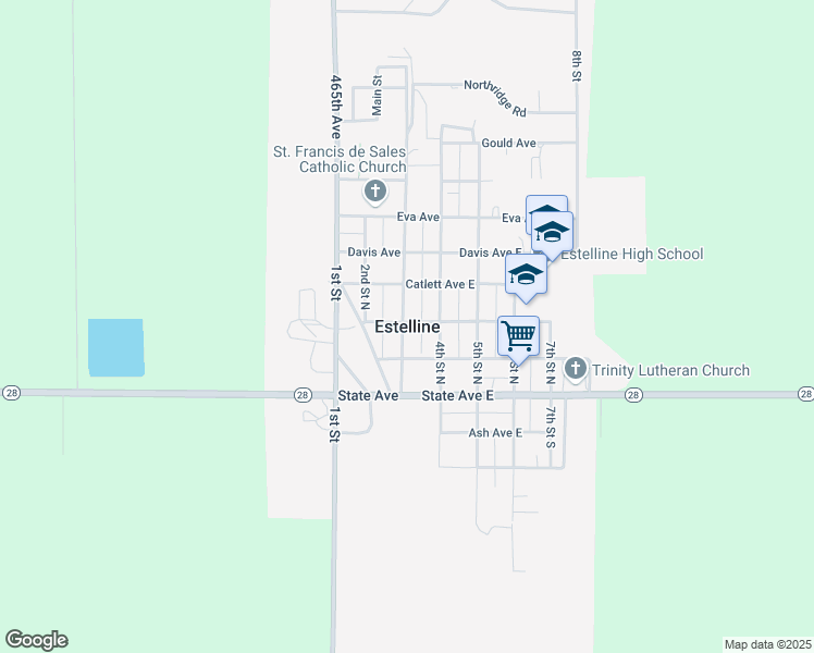 map of restaurants, bars, coffee shops, grocery stores, and more near in Estelline