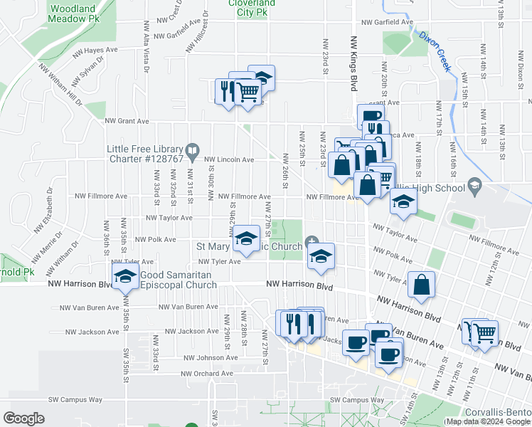 map of restaurants, bars, coffee shops, grocery stores, and more near 2760 Northwest Fillmore Avenue in Corvallis