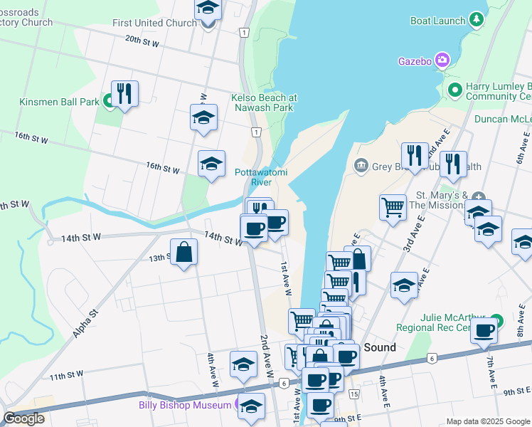 map of restaurants, bars, coffee shops, grocery stores, and more near 1455 2nd Avenue West in Owen Sound