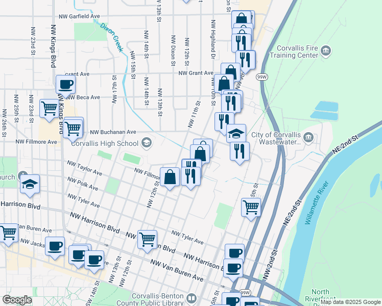 map of restaurants, bars, coffee shops, grocery stores, and more near 960 Northwest 10th Street in Corvallis