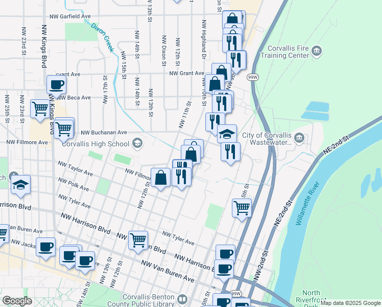 map of restaurants, bars, coffee shops, grocery stores, and more near 1009 Northwest 10th Street in Corvallis