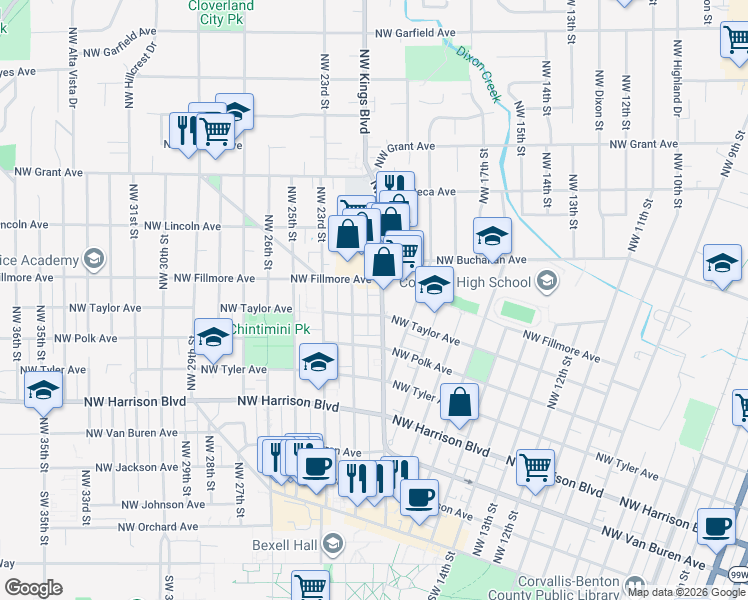 map of restaurants, bars, coffee shops, grocery stores, and more near 2050 Northwest Fillmore Avenue in Corvallis