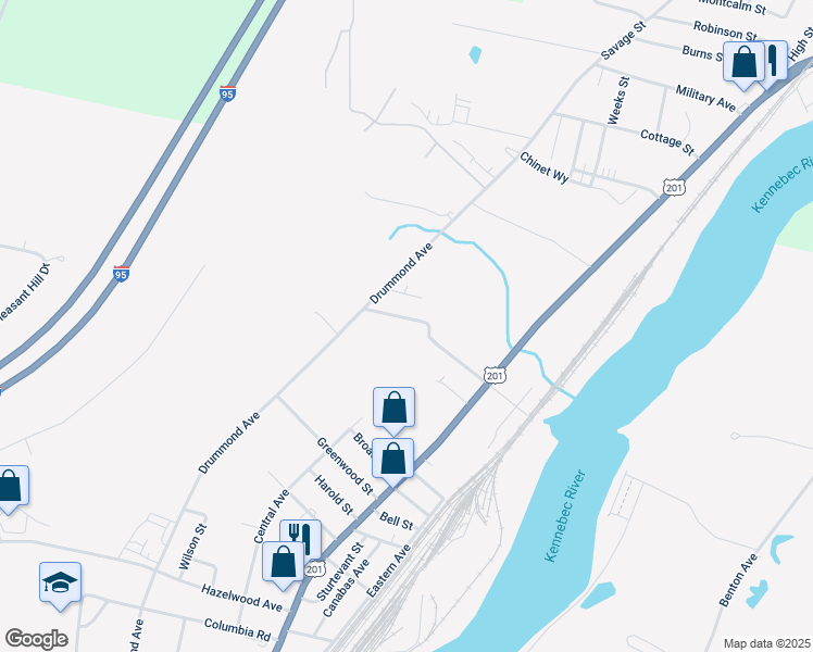 map of restaurants, bars, coffee shops, grocery stores, and more near 17 Montcalm Street in Waterville